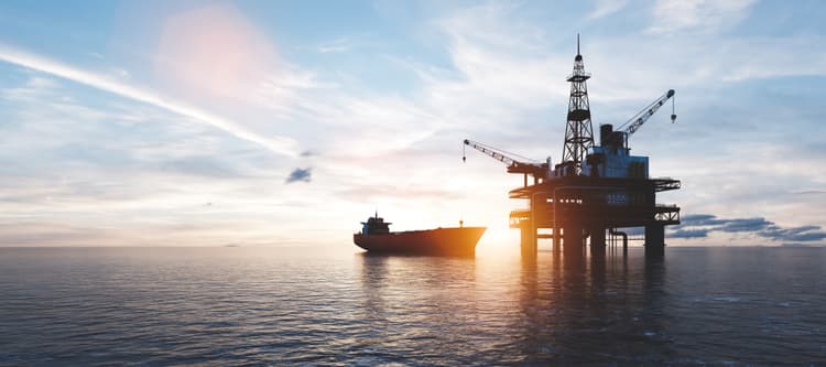 Oil platform on the ocean. Offshore drilling for gas and petroleum or crude oil. Industrial